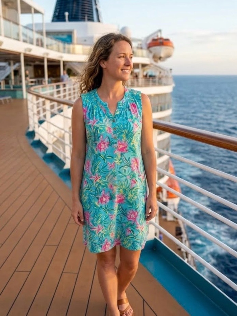 👗Caribbean Joe Sleeveless Tropical Print Dress in Aqua with Pink Florals Size L